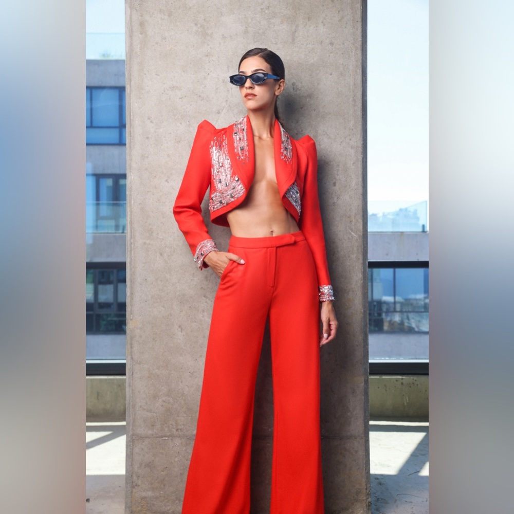 Hand embellished cropped blazer with flared pants
